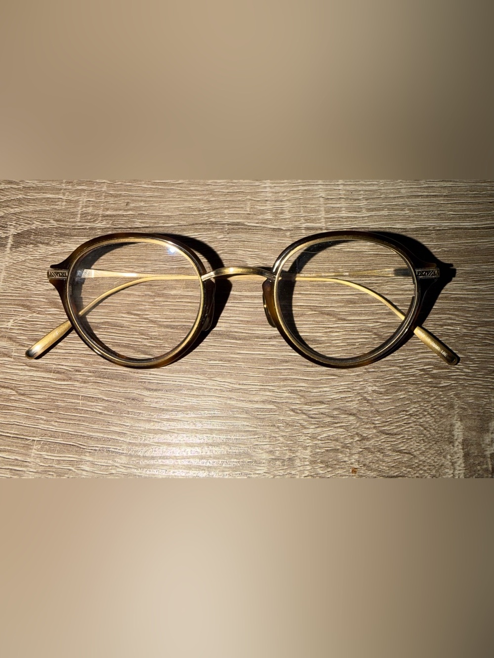 Oliver Peoples Round Gold and Brown Metal-Acetate Men’s Glasses